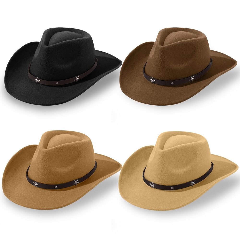4461 4 Pcs Classic Western Cowboy Hat Felt Wide Brim Cowgirl Hats Belt